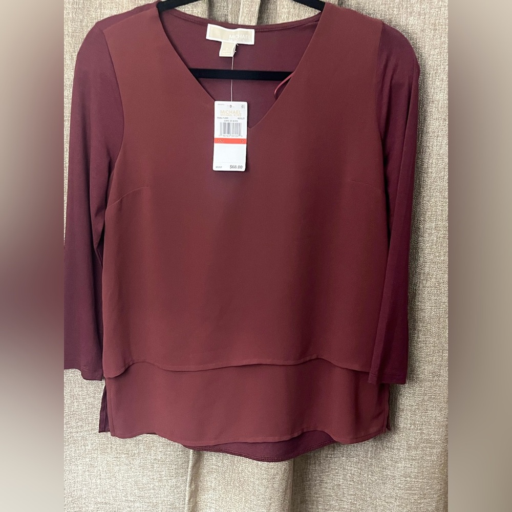 Michael Kors Burgundy Asymmetrical Tiered Blouse